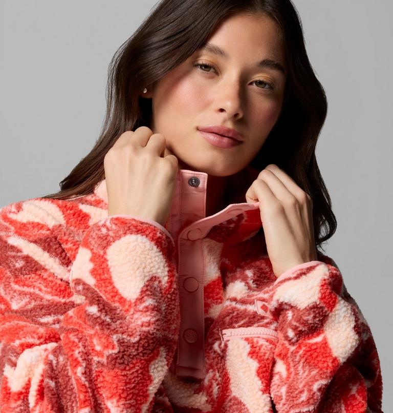 Women's Helvetia II Cropped Sherpa Half Snap Printed Fleece, Color: Poppy Red, Sunscape, image 5