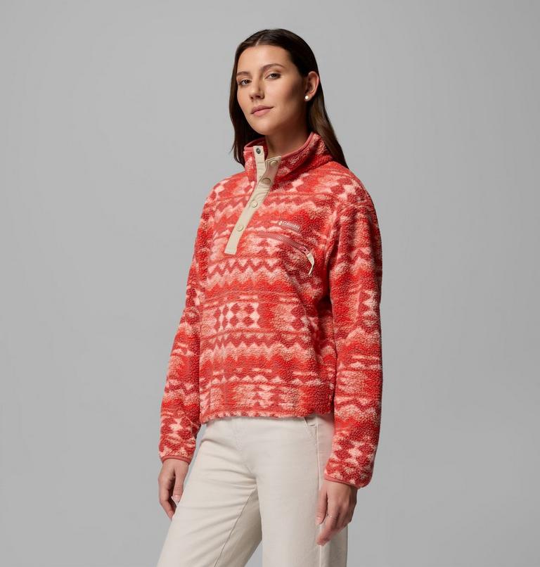 Women's Helvetia II Cropped Sherpa Half Snap Printed Fleece, Color: Poppy Red, Retrotree, image 4
