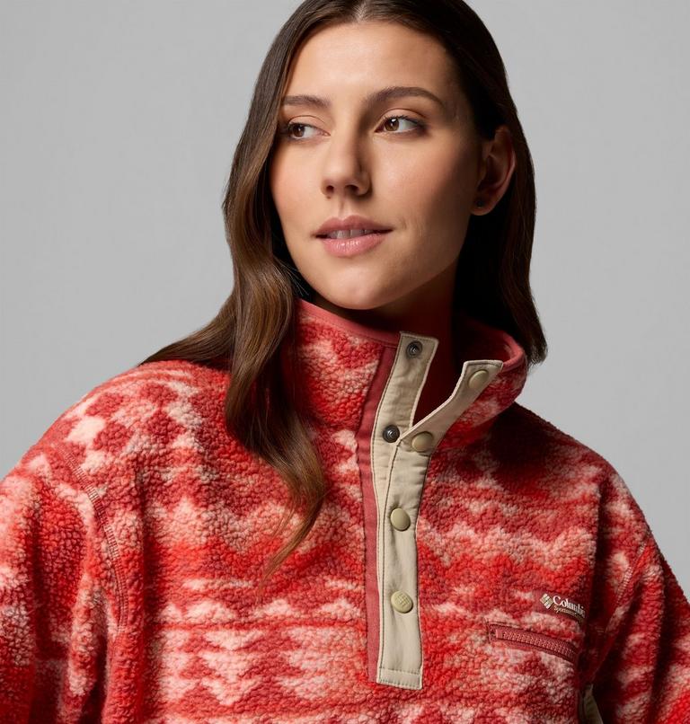 Women's Helvetia II Cropped Sherpa Half Snap Printed Fleece, Color: Poppy Red, Retrotree, image 5