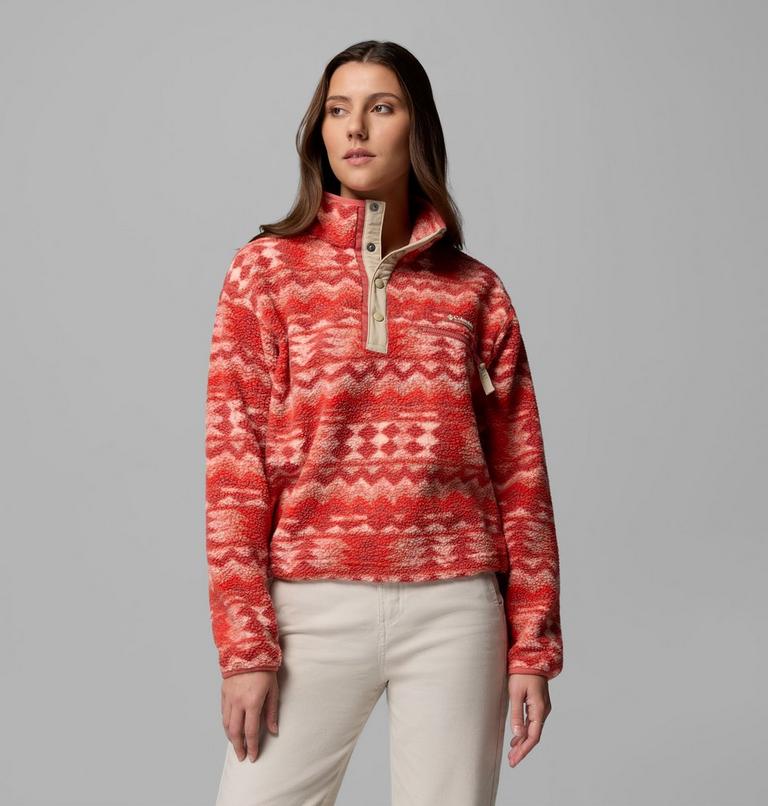 Women's Helvetia II Cropped Sherpa Half Snap Printed Fleece, Color: Poppy Red, Retrotree, image 1
