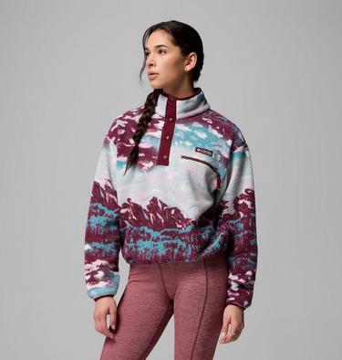 Women's Helvetia II Cropped Sherpa Half Snap Printed Fleece, Color: Rich Wine Sisters, Rich Wine, image 16