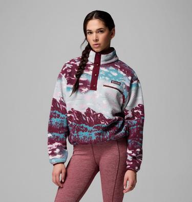 Women's Helvetia II Cropped Sherpa Half Snap Printed Fleece, Color: Rich Wine Sisters, Rich Wine, image 7