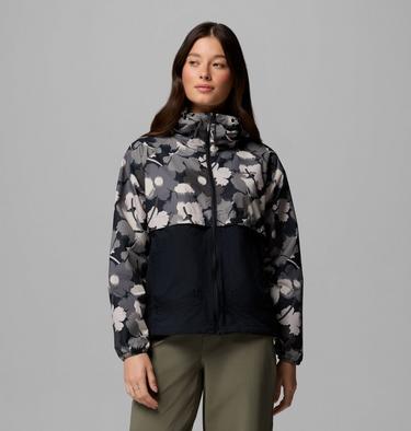 Women's Spire Valley Printed Hooded Windbreaker, Color: Black Ikatbloom Print, Black, image 1