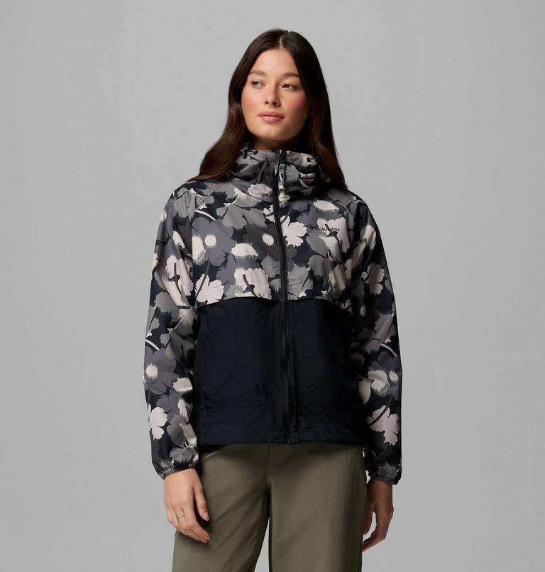 Women's Spire Valley Printed Windbreaker, Color: Black Ikatbloom Print, Black, image 1