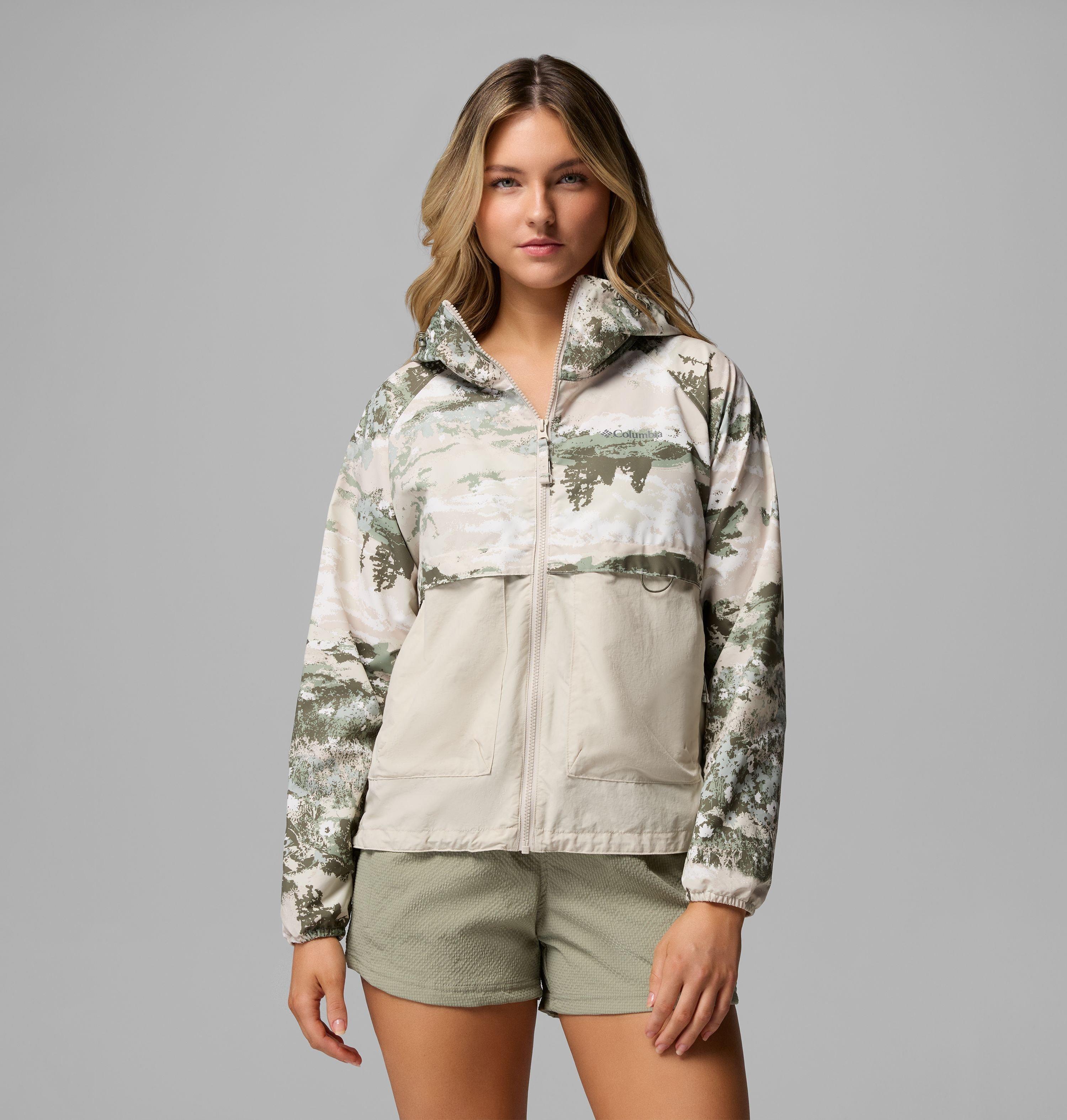 Columbia Sportswear Women's Green Columbia - Spire Valley™ Printed Hooded Windbreaker - Safari Fieldaze Print, Dark Stone Large