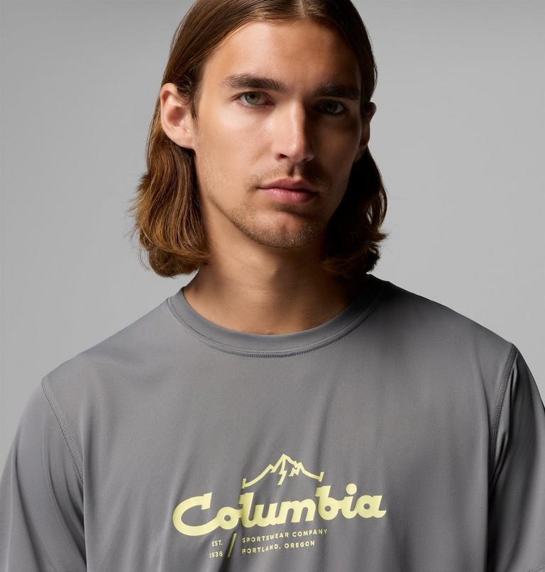 Men's Zero Rules Light Graphic Technical T-Shirt, Color: City Grey, Scripted Peaks, image 5
