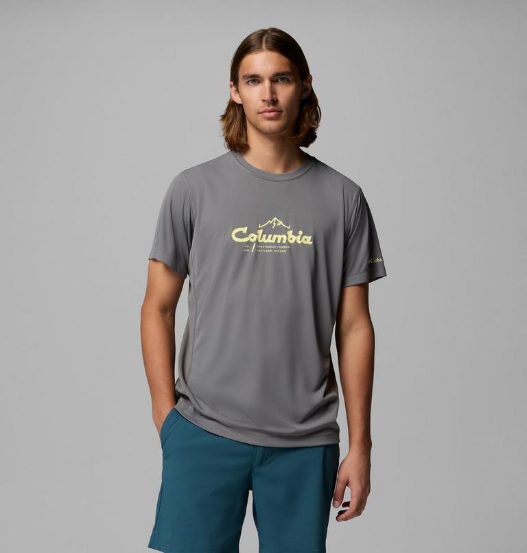 Men's Zero Rules Light Graphic Technical T-Shirt, Color: City Grey, Scripted Peaks, image 1