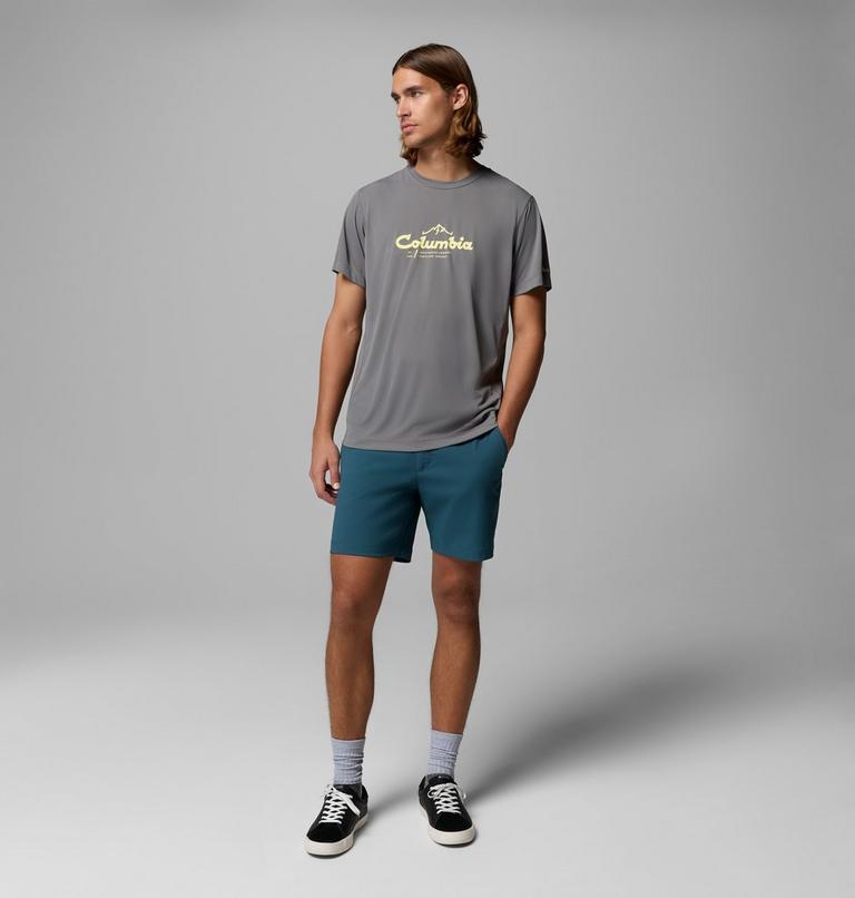 Men's Zero Rules Light Graphic Technical T-Shirt, Color: City Grey, Scripted Peaks, image 2