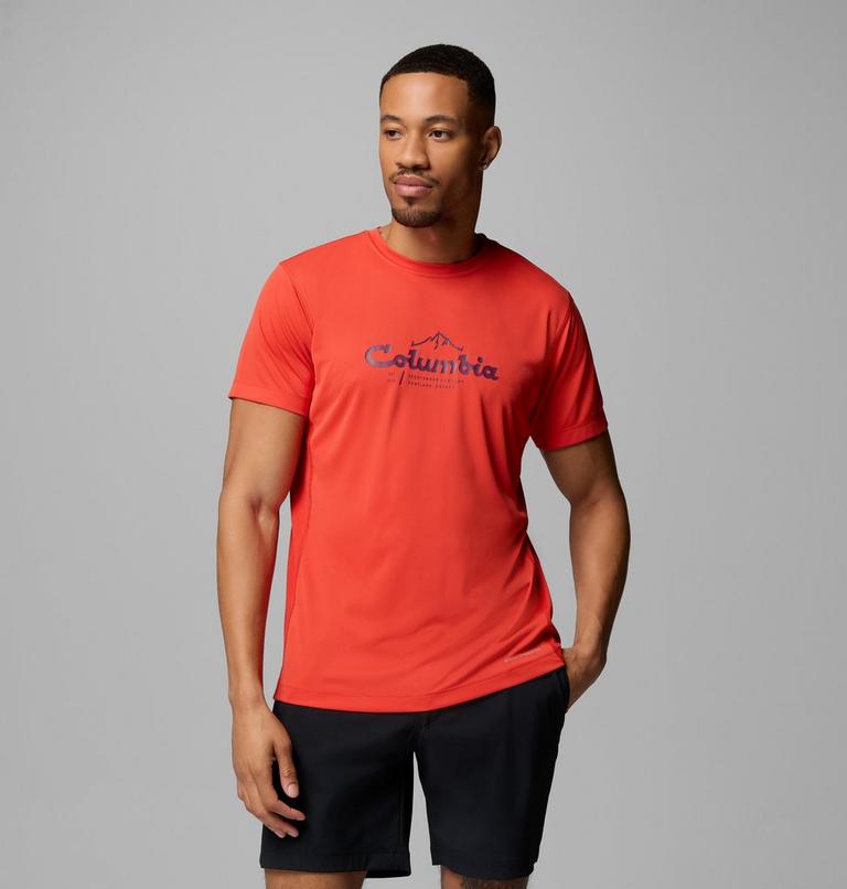 Men's Zero Rules Light Graphic Technical T-Shirt, Color: Super Sonic, Scripted Peaks, image 1