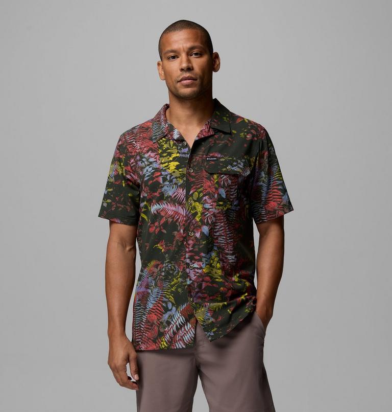 Chemise Fonctionnelle Tiss&eacute;e &agrave; Imprim&eacute; Manches Courtes Tech Trail Homme, Color: Washed Red, Geofern Greenscape, image 1