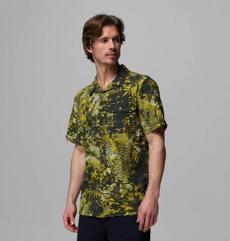 Men's Tech Trail Utility Printed Woven Short Sleeve Shirt, Color: Antique Moss, Geofern Greenscape, image 4