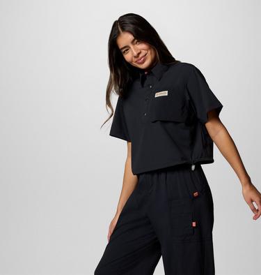 Women's Cove Beach Woven Cropped Short Sleeve Shirt, Color: Black, image 7