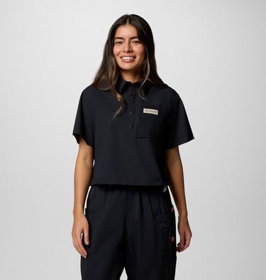 Women's Cove Beach Woven Cropped Short Sleeve Shirt, Color: Black, image 3