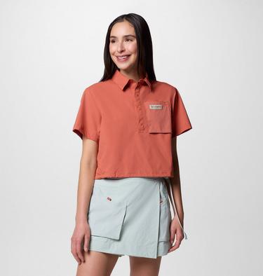 Women's Cove Beach Woven Cropped Short Sleeve Shirt, Color: Mars, image 1