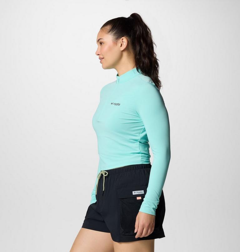 Women's PFG Open Water Cropped Half Zip Long Sleeve Rashguard, Color: Gulf Stream, image 3