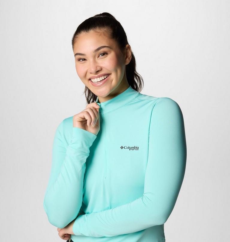 Women's PFG Open Water Cropped Half Zip Long Sleeve Rashguard, Color: Gulf Stream, image 4