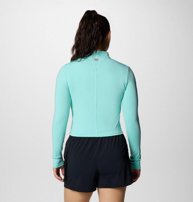 Women's PFG Open Water Cropped Half Zip Long Sleeve Rashguard, Color: Gulf Stream, image 2