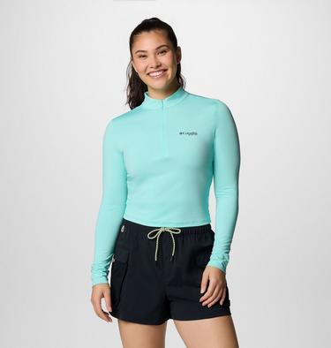 Women's PFG Open Water Cropped Half Zip Long Sleeve Rashguard, Color: Gulf Stream, image 1