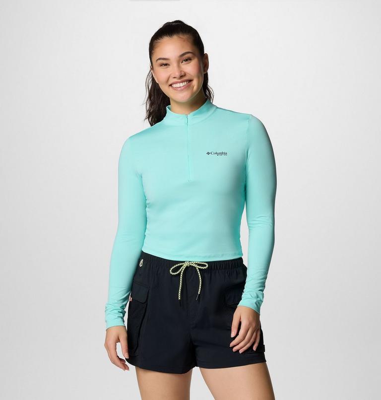 Women's PFG Open Water Cropped Half Zip Long Sleeve Rashguard, Color: Gulf Stream, image 1