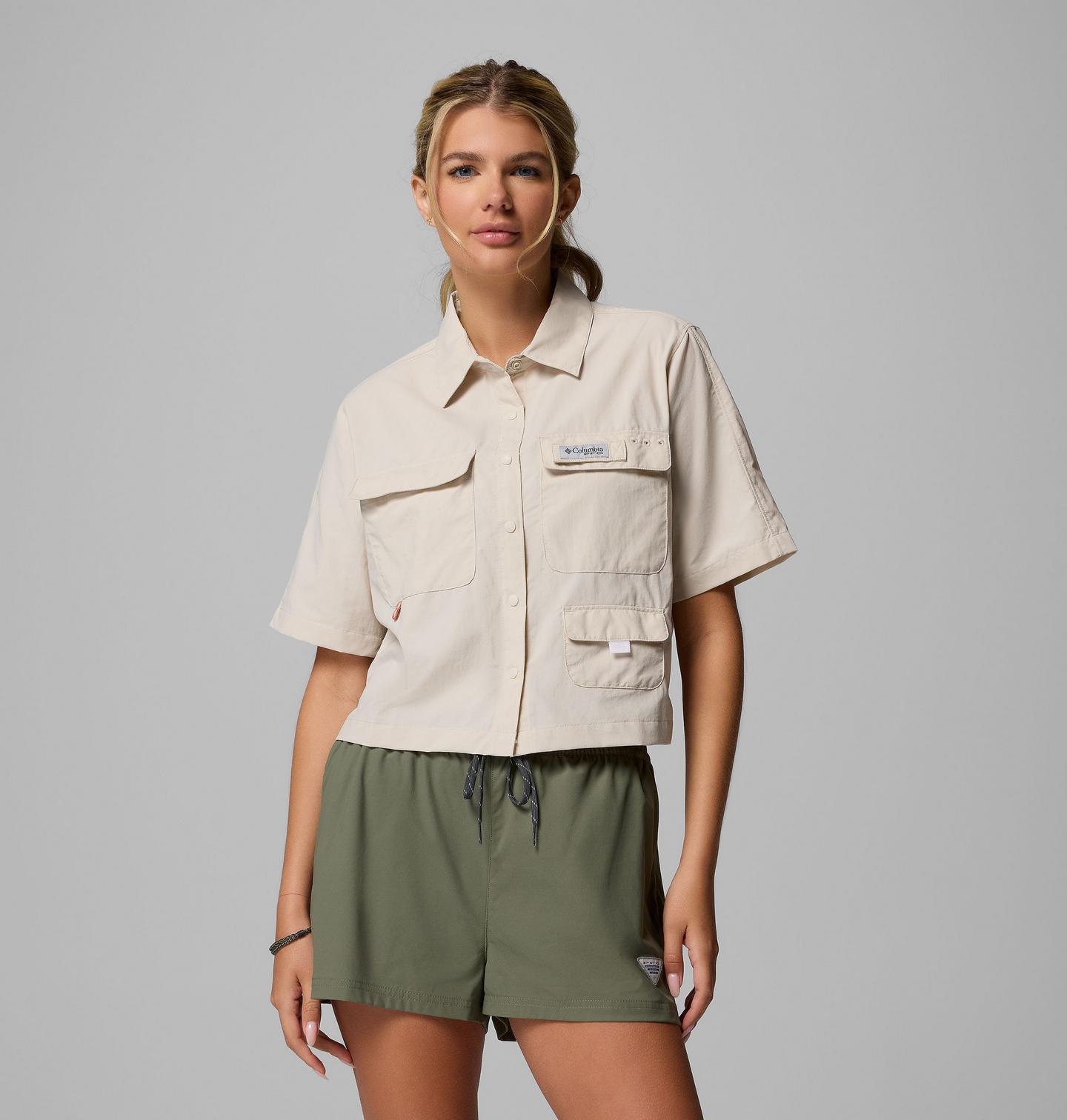 Женская рубашка Columbia PFG Open Water Short Sleeve, цвет: Серо-бежевый — фото 1