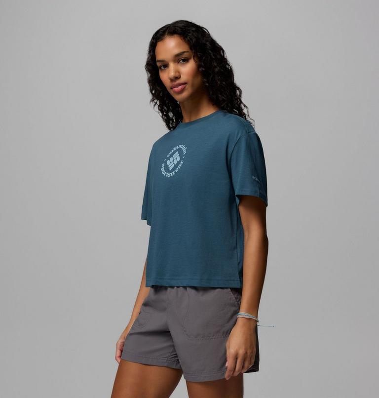 Women's Rolling Bend Graphic Relaxed Crop Short Sleeve Shirt, Color: Everblue, Gem Focused, image 4