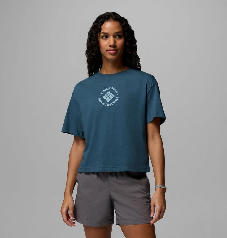 Women's Rolling Bend Graphic Relaxed Crop Short Sleeve Shirt, Color: Everblue, Gem Focused, image 1