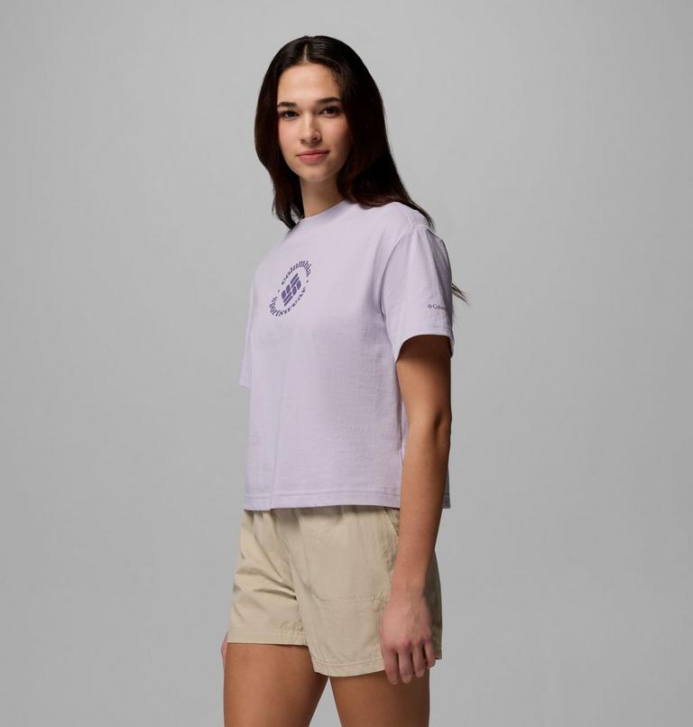 Women's Rolling Bend Graphic Relaxed Crop Short Sleeve Shirt, Color: Lavender Pearl, Gem Focused, image 4