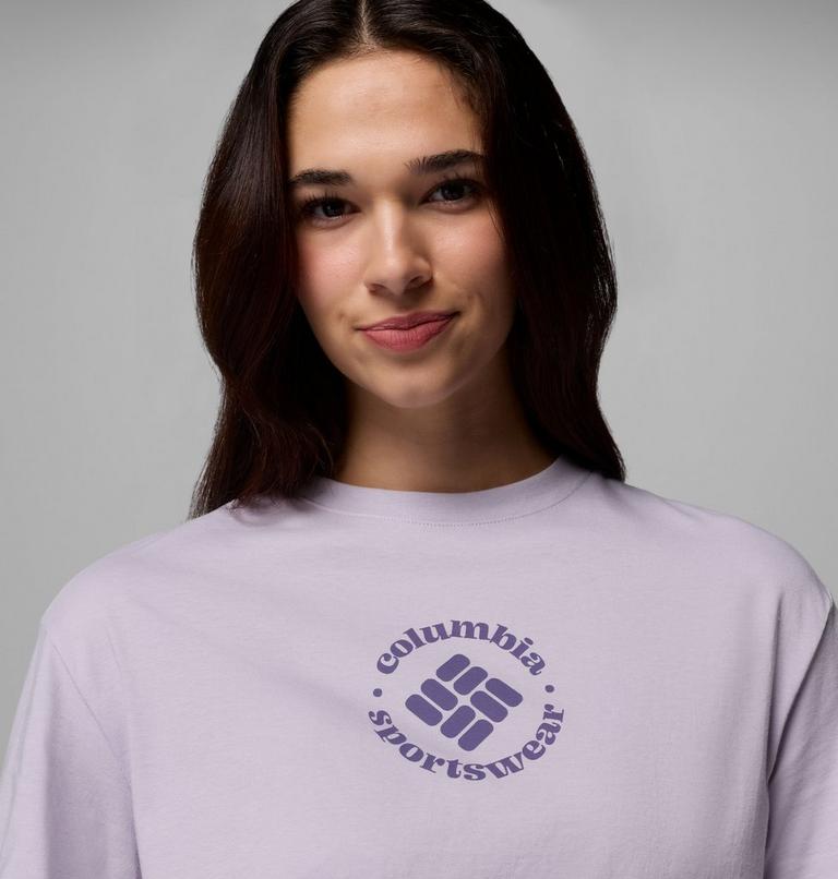 Women's Rolling Bend Graphic Relaxed Crop Short Sleeve Shirt, Color: Lavender Pearl, Gem Focused, image 5