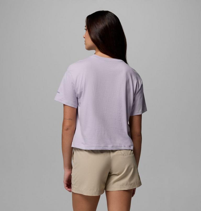 Women's Rolling Bend Graphic Relaxed Crop Short Sleeve Shirt, Color: Lavender Pearl, Gem Focused, image 3