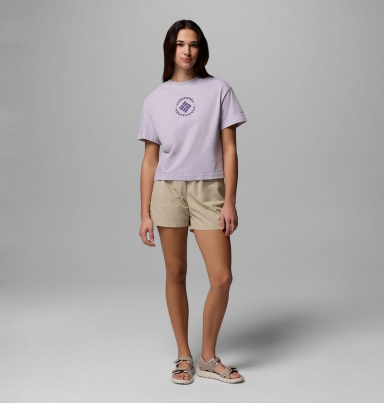 Women's Rolling Bend Graphic Relaxed Crop Short Sleeve Shirt, Color: Lavender Pearl, Gem Focused, image 2