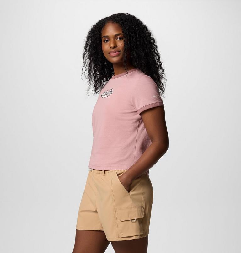 Women's Rolling Bend Graphic Ringer T-Shirt, Color: Eraser Pink, Elevated Script, image 3