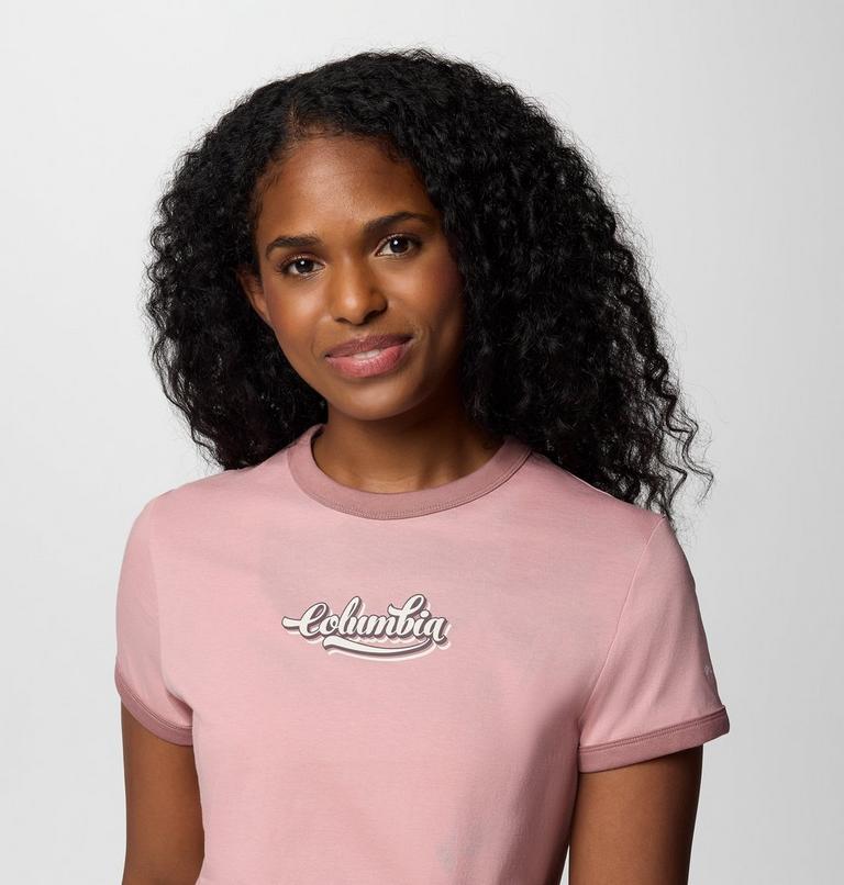 Women's Rolling Bend Graphic Ringer T-Shirt, Color: Eraser Pink, Elevated Script, image 4