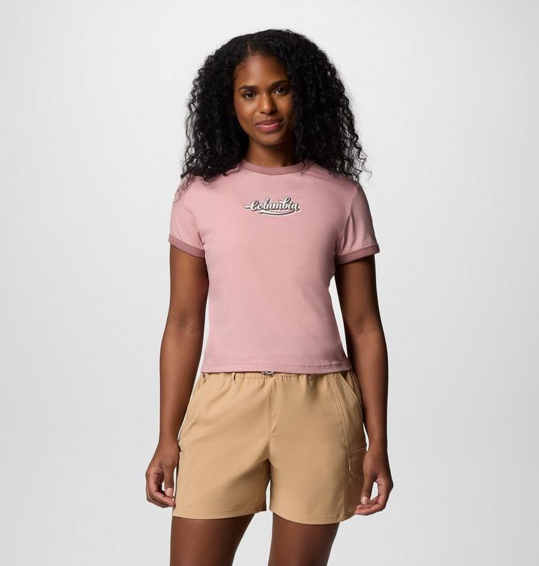 Women's Rolling Bend Graphic Ringer T-Shirt, Color: Eraser Pink, Elevated Script, image 1