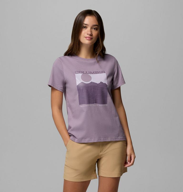 Women's Rolling Bend Graphic Short Sleeve Shirt, Color: Shale Purple, Framed Linescape, image 1