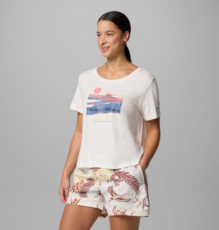 Women's Ruby Springs Graphic Scoop Neck Short Sleeve Shirt, Color: Sea Salt, Foggy Hillscape, image 3