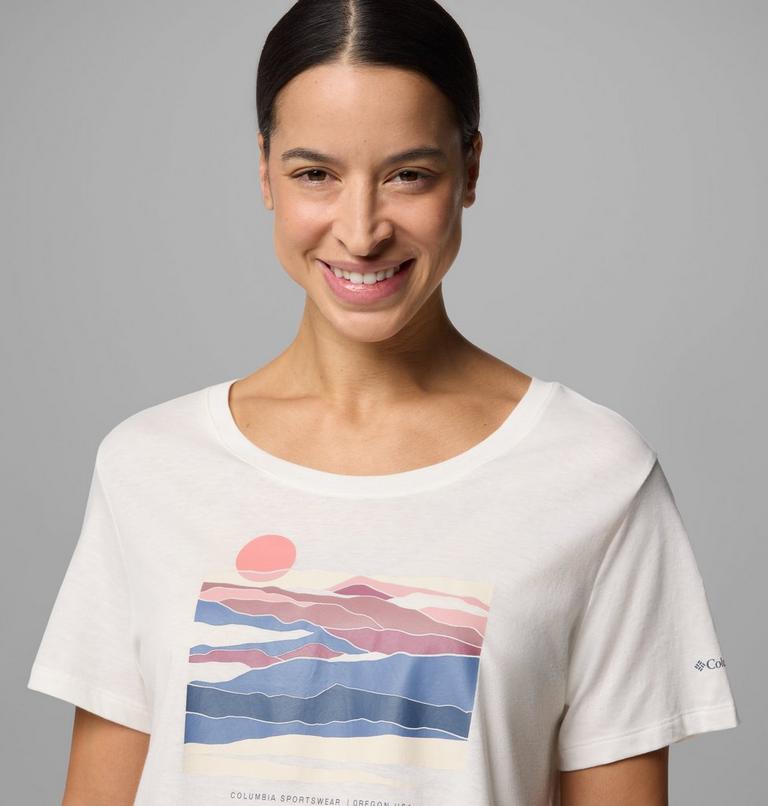 Women's Ruby Springs Graphic Scoop Neck Short Sleeve Shirt, Color: Sea Salt, Foggy Hillscape, image 4