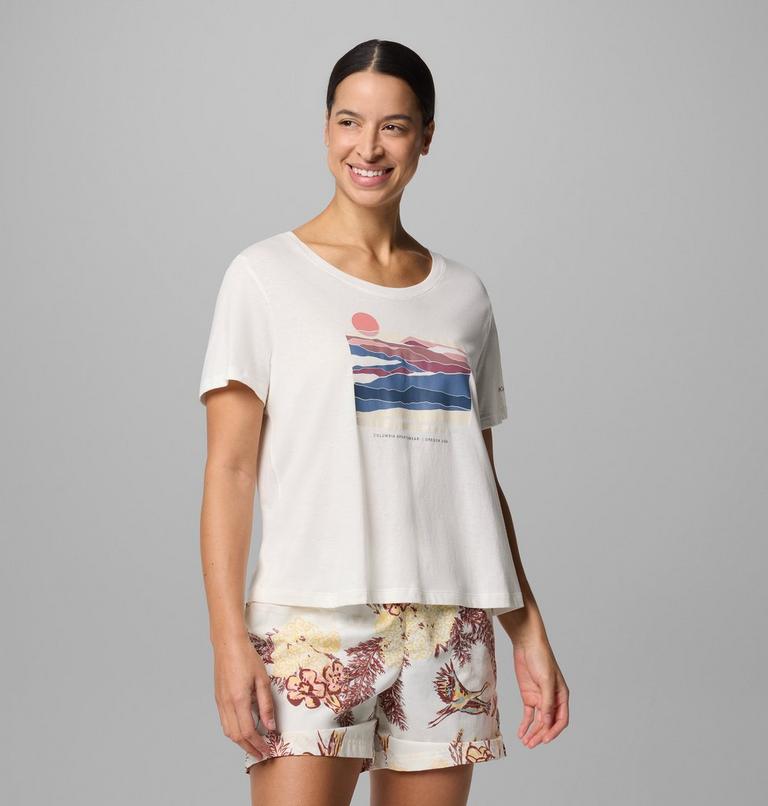 Women's Ruby Springs Graphic Scoop Neck Short Sleeve Shirt, Color: Sea Salt, Foggy Hillscape, image 1