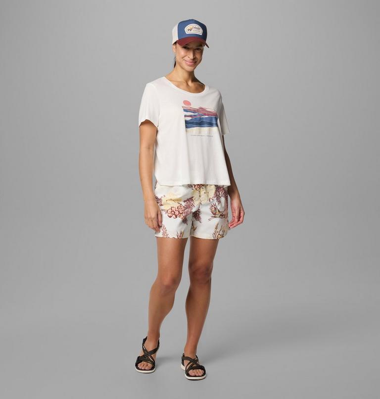Women's Ruby Springs Graphic Scoop Neck Short Sleeve Shirt, Color: Sea Salt, Foggy Hillscape, image 5
