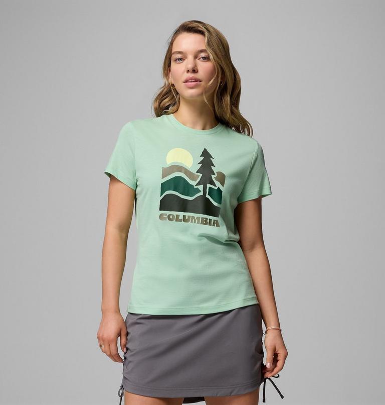 Women's Ruby Springs Graphic Fitted Short Sleeve Shirt, Color: New Mint, Get Hiked, image 1