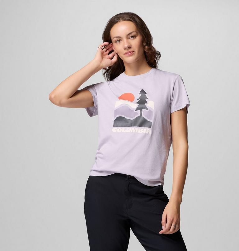 Women's Ruby Springs Graphic Fitted Short Sleeve Shirt, Color: Lavender Pearl, Get Hiked, image 5