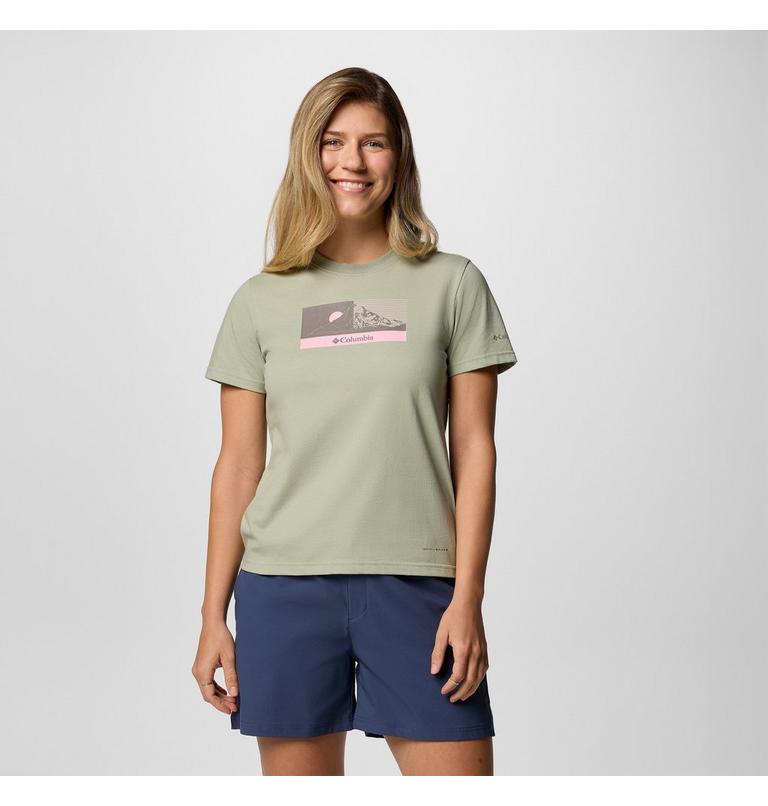 Women's Delta Drift Graphic Technical T-Shirt, Color: Safari, Linear Peakscape, image 1