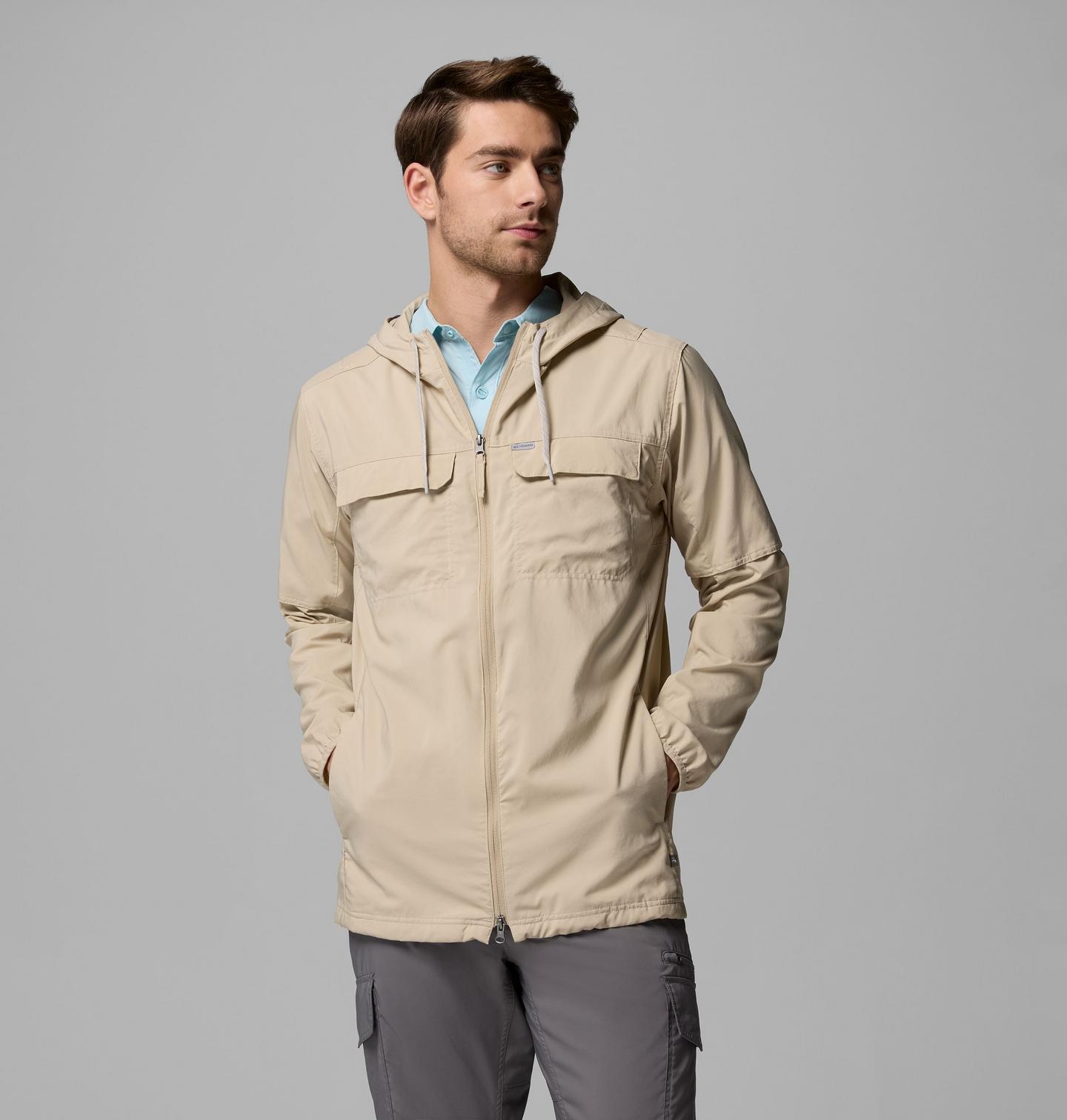 Мужская рубашка Columbia Skien Valley Hooded Long Sleeve Shirt - Tall, цвет: Серо-бежевый / Shark — фото 1