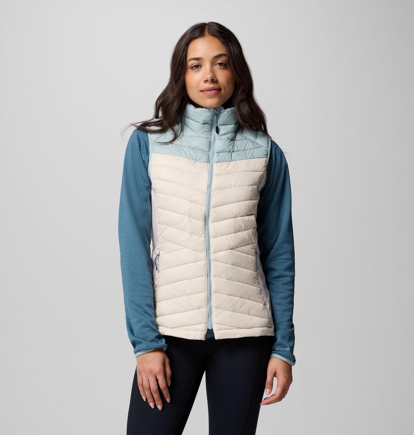 Женский жилет Columbia Powder Pass III Hybrid Vest, цвет: Серо-бежевый / Синий — фото 1