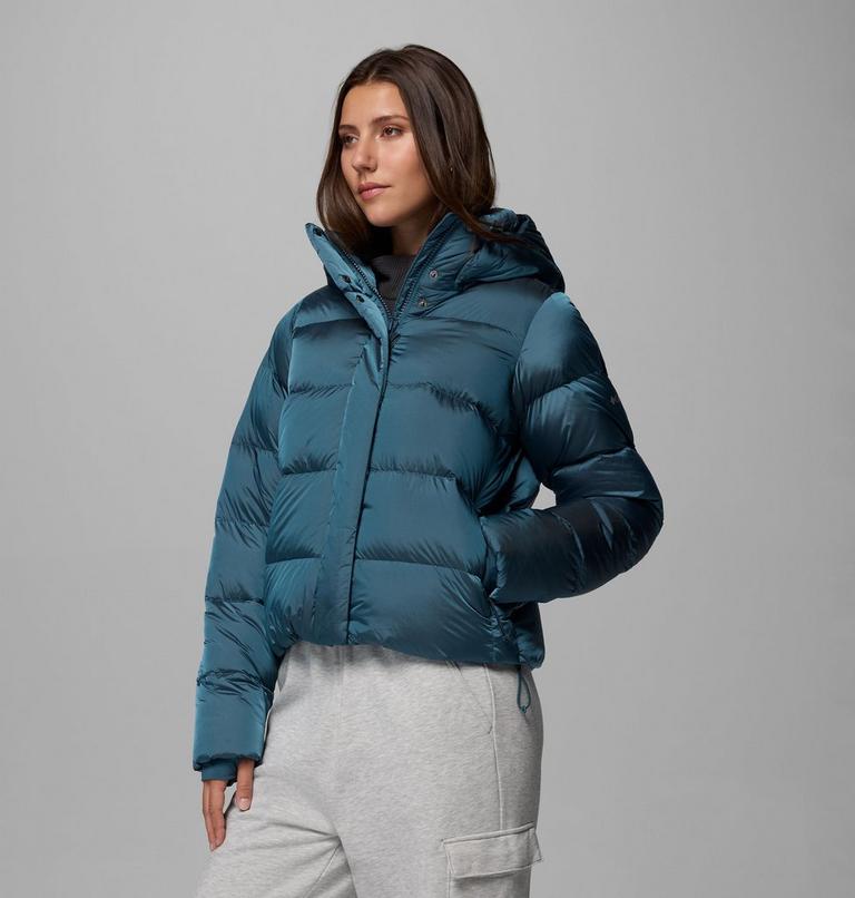 Women's Amaze Puff Hooded Down Puffer, Color: Everblue High Shine, image 4