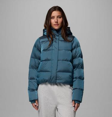 Women's Amaze Puff Hooded Down Puffer, Color: Everblue High Shine, image 1