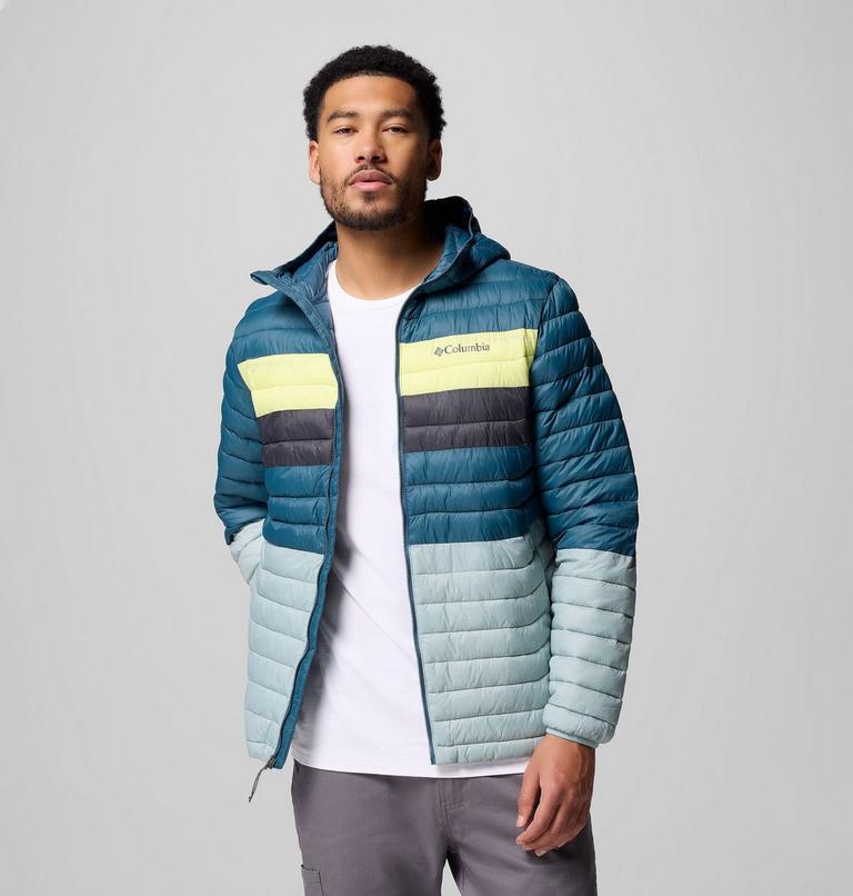 Men's Powder Pass Hooded Insulated Puffer Jacket, Color: Crushed Blue, Everblue, Neon Light, Shrk, image 5