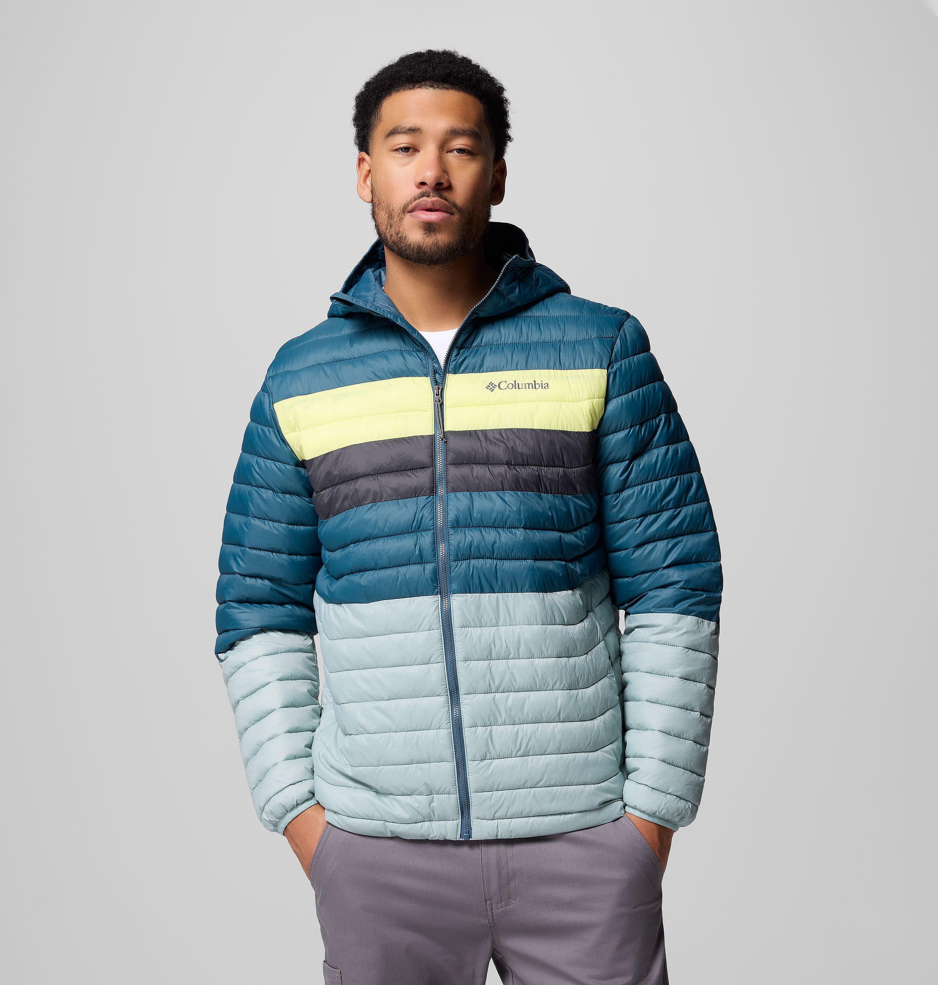 Columbia Sportswear Men's Blue Columbia - Powder Pass™ Hooded Insulated Puffer Jacket - Crushed Ever, Neon Light, Shrk Small