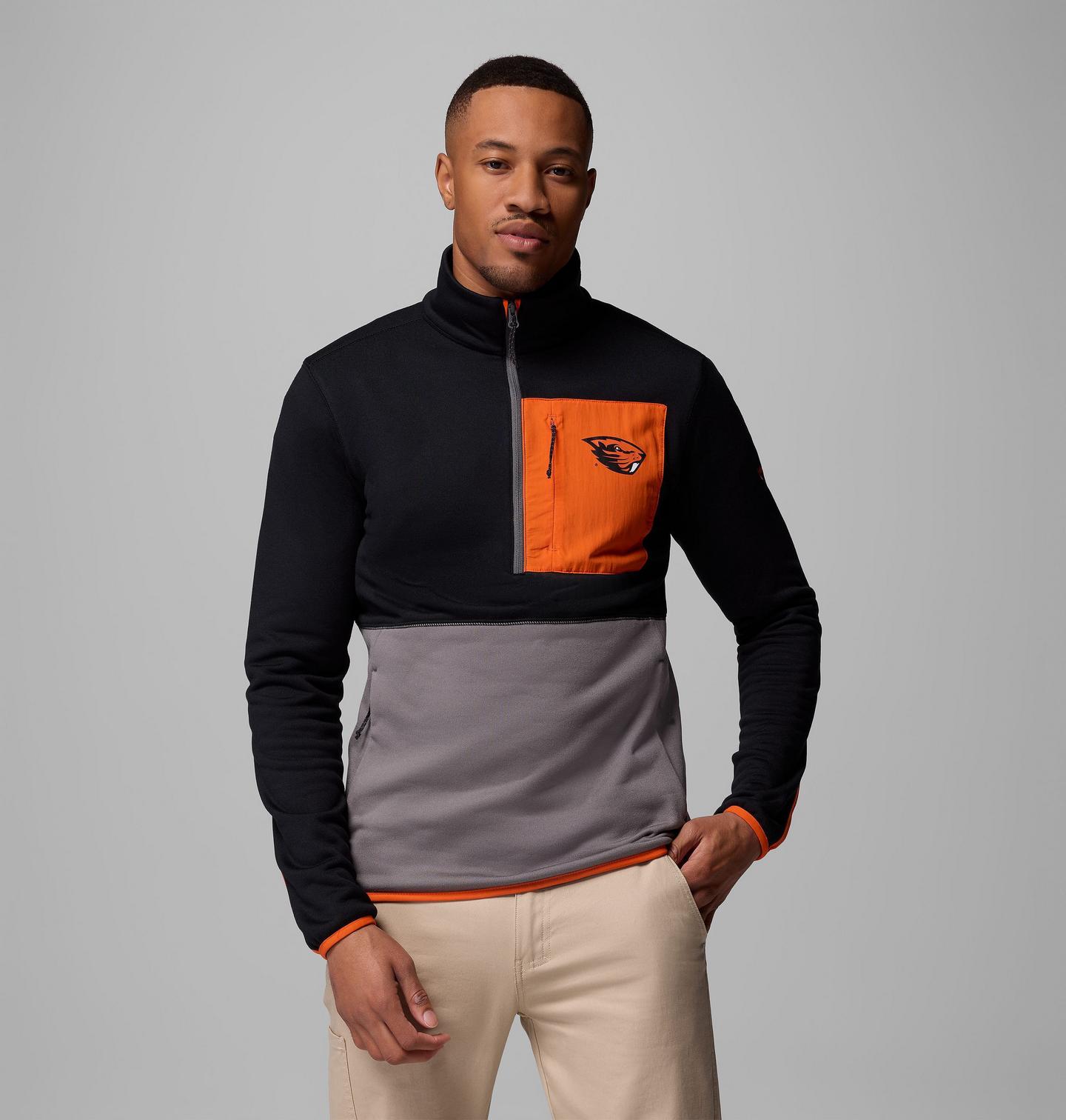 Мужские куртки Collegiate Columbia Hike Half Zip Jacket - Oregon State, цвет: Чёрный / Серый — фото 1