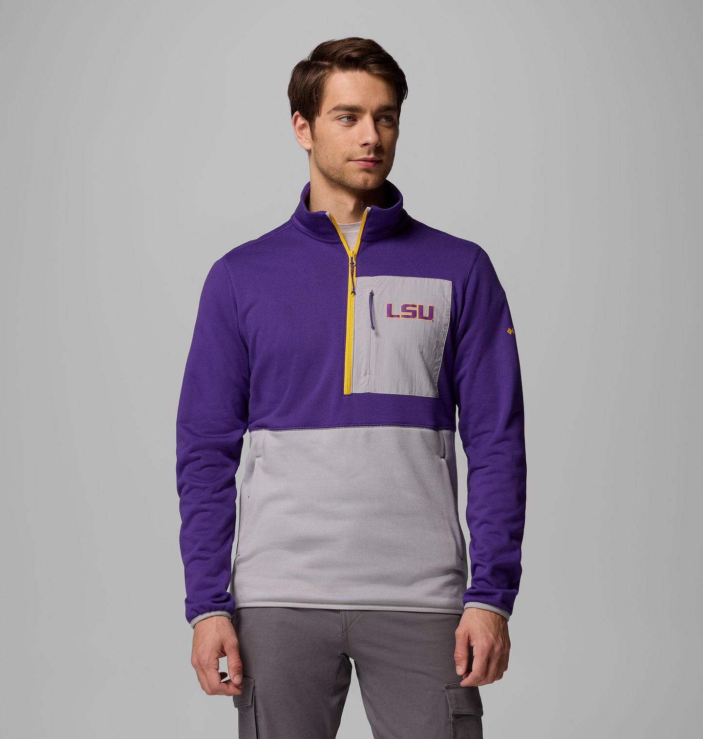 Мужские куртки Collegiate Columbia Hike Half Zip Jacket - LSU, цвет: Фиолетовый / Серый — фото 1