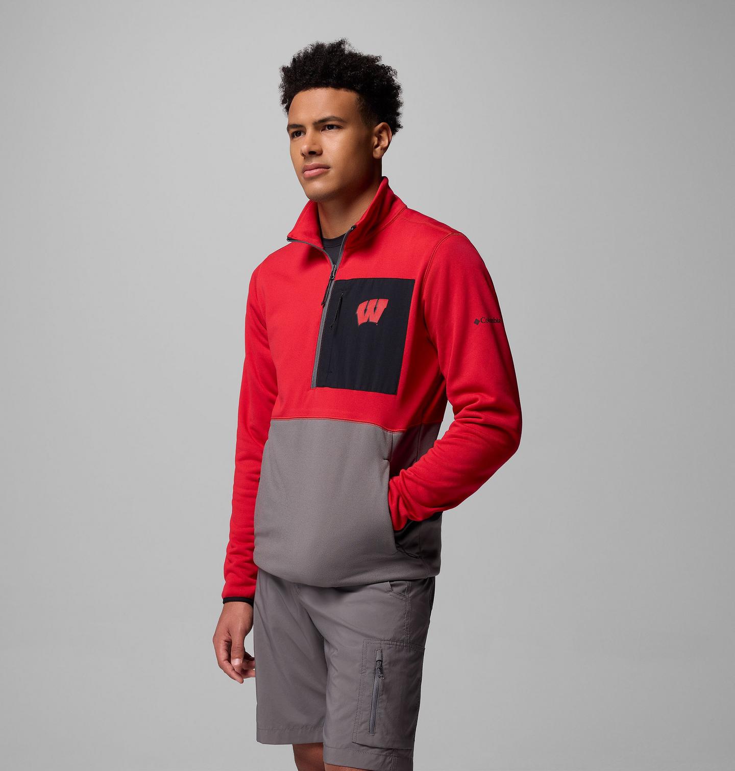 Мужские куртки Collegiate Columbia Hike Half Zip Jacket - Wisconsin, цвет: Красный / Серый — фото 3